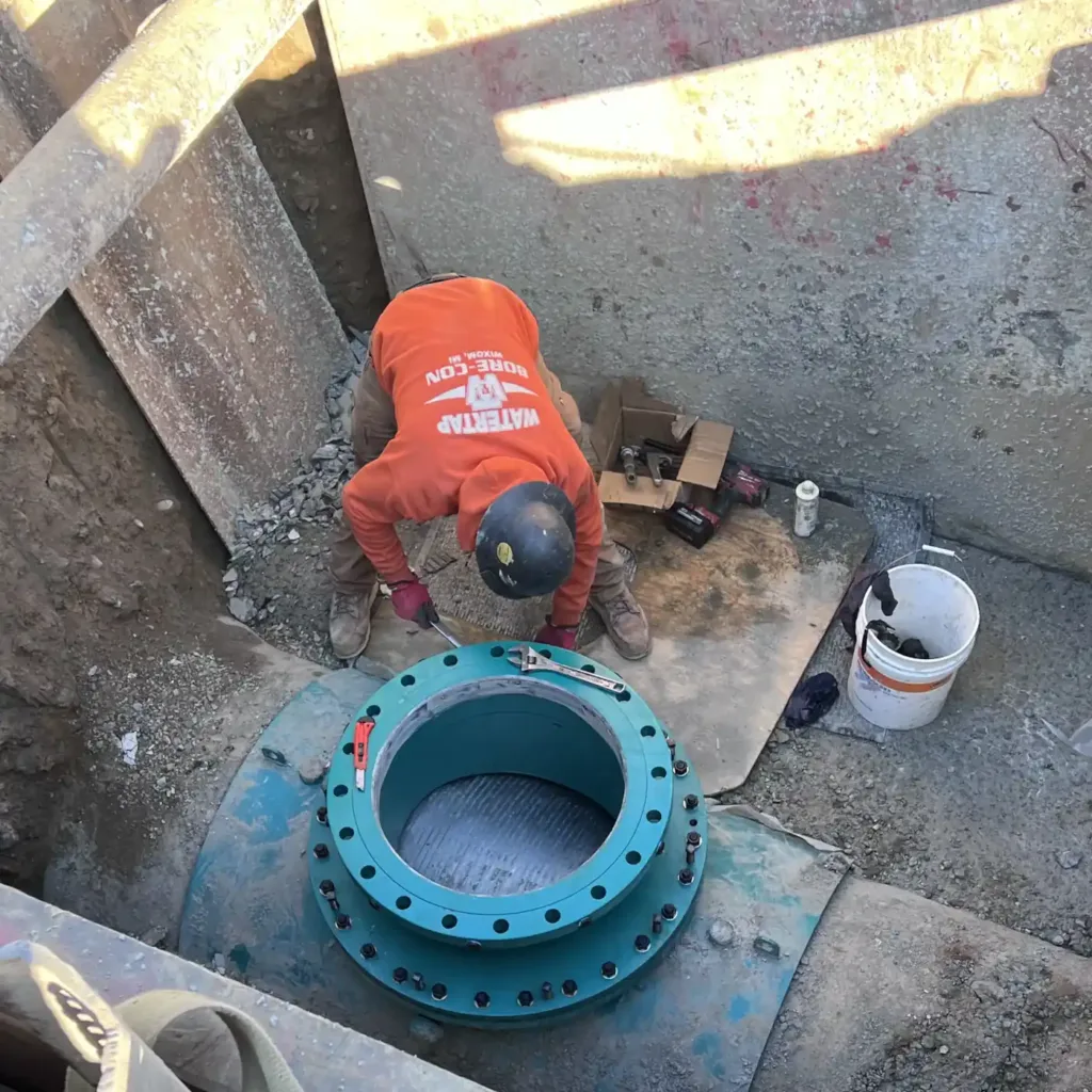 A pipeline worker during a commercial line stop service.