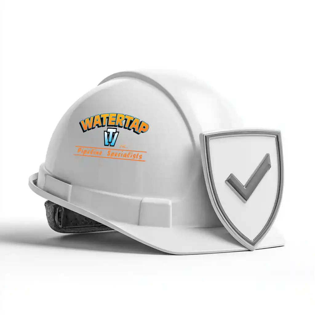 a watertap inc safety hard hat with a check mark indicating regulatory adherence.