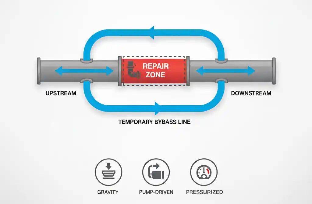illustration diagram of bypass piping as used in water mains, sewer systems, and commercial pipeline settings.