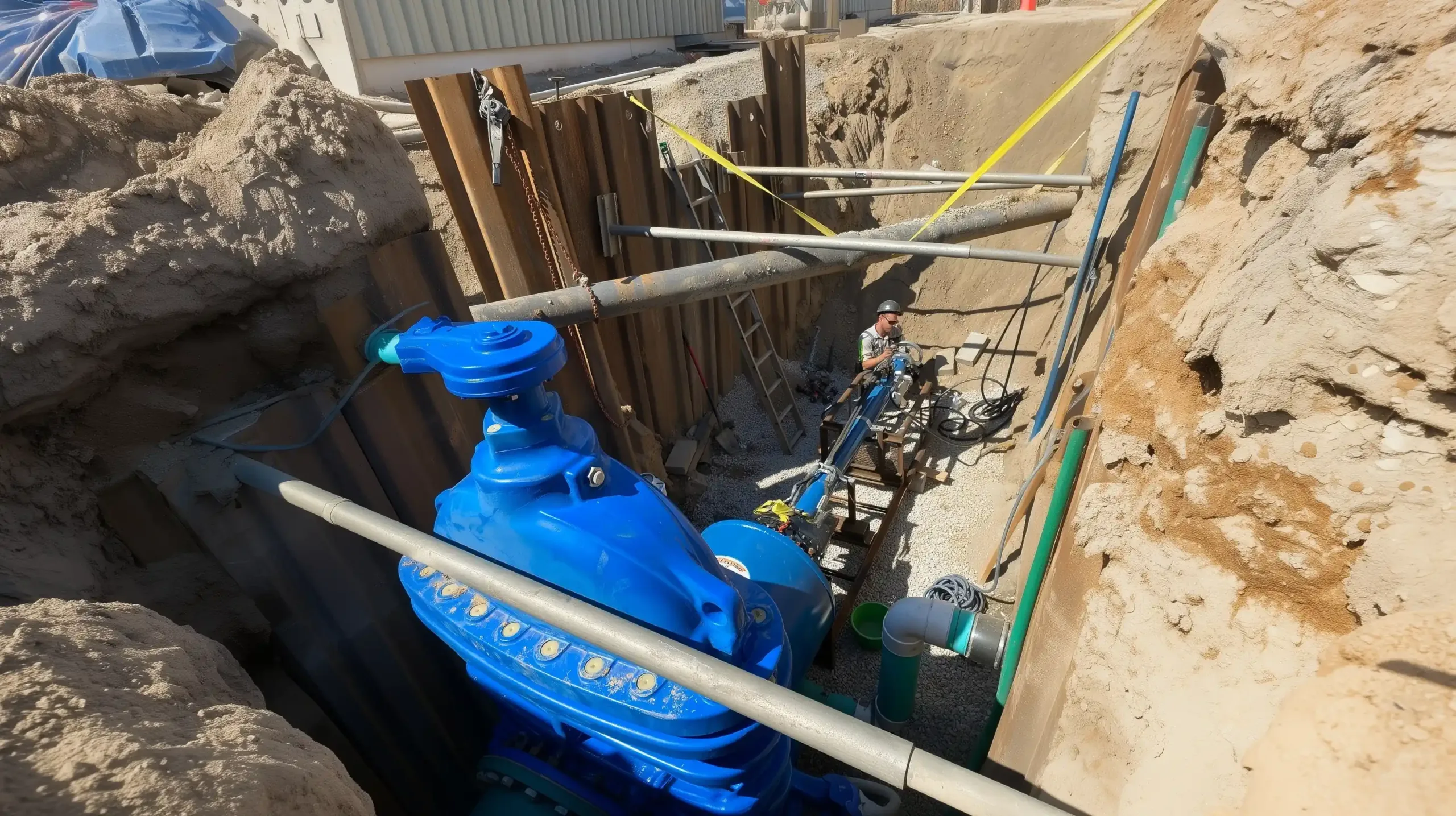 A hot tapping machine being used by a worker to tap a pipeline under pressure.